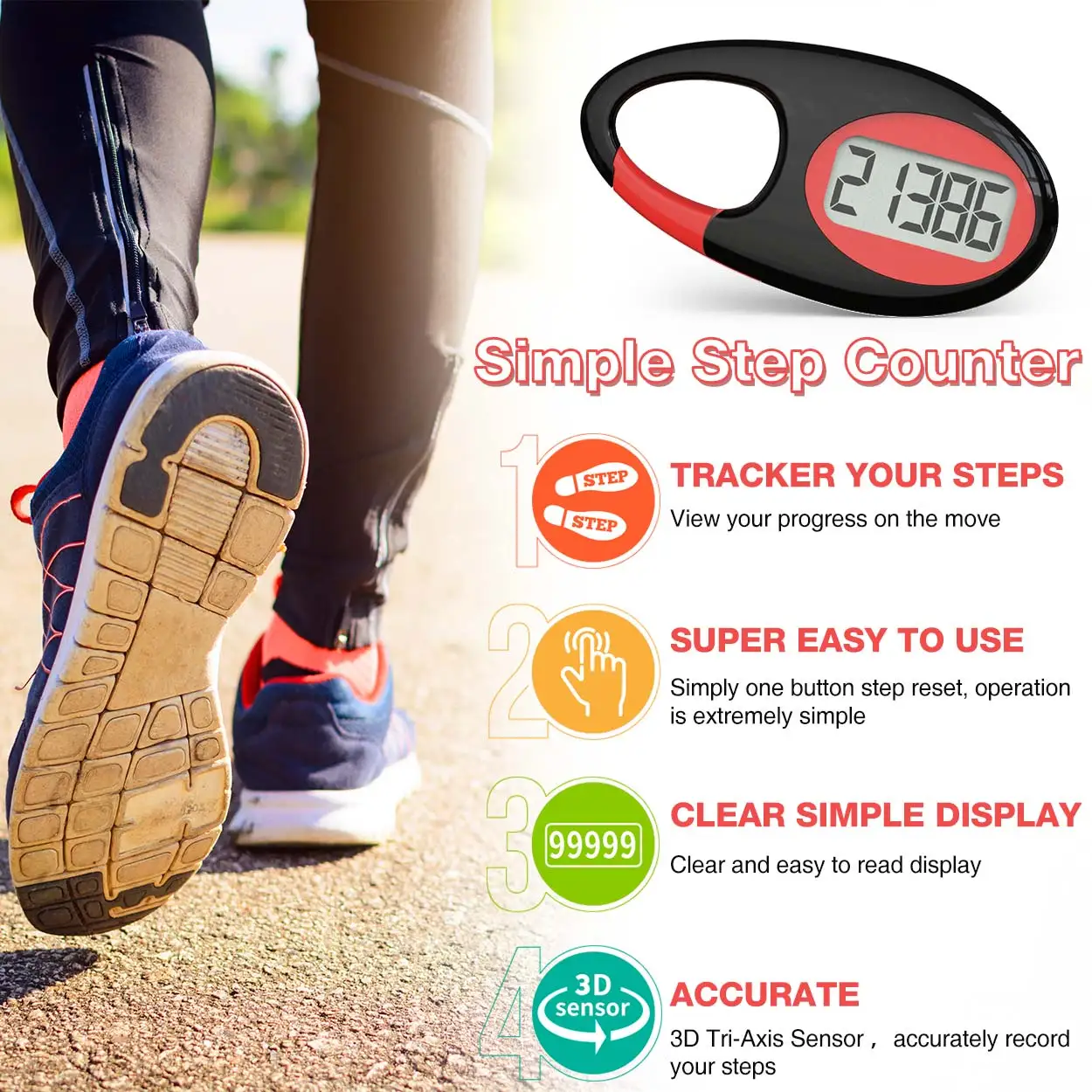 FITCENT 3D Pedometer for Walking Simple Step Tracker Counter with Large ...