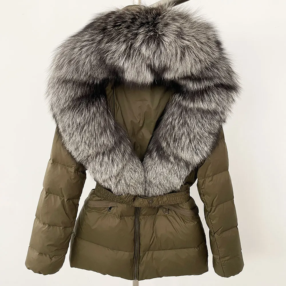 2024 Winter Jacket Women Natural Real Raccoon Fox Fur Collar Hooded White Duck Down Coat Belt Thick Warm Casual Outerwear