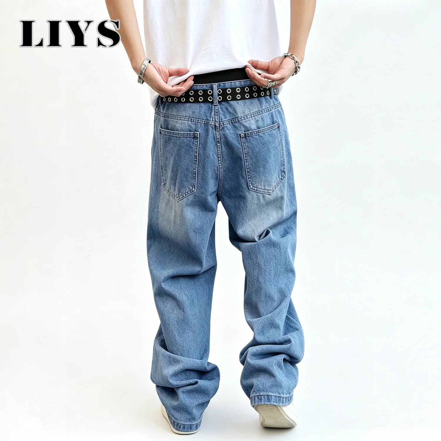 LIYS Men's Baggy Straight-Leg Ripped Jeans Retro Solid Street Blue Loose Casual Street Fashion Ripped Denim Pants Unisex