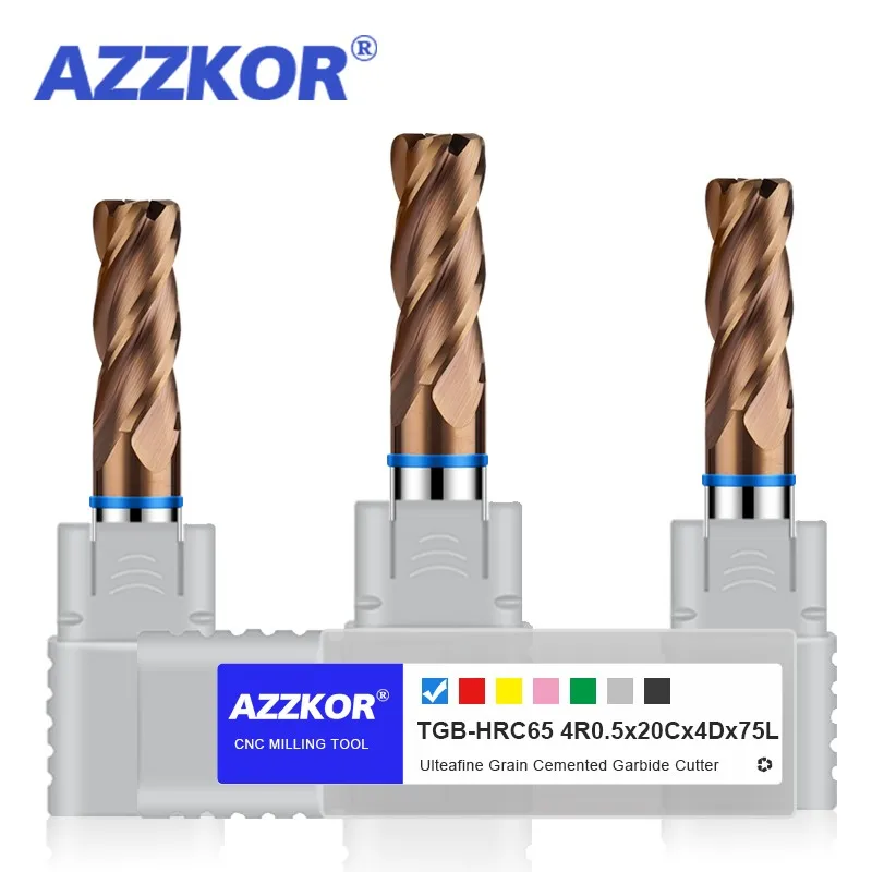 AZZKOR 4F Endmills Color-Ring Coating Tungsten Steel Carbide Round Nose Milling Cutter For CNC Mechanical TGB-HRC65 Bronze