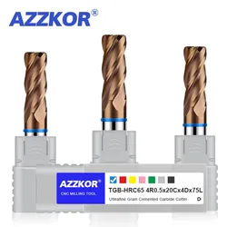 AZZKOR 4F Endmills Color-Ring Coating Tungsten Steel Carbide Round Nose Milling Cutter For CNC Mechanical TGB-HRC65 Bronze