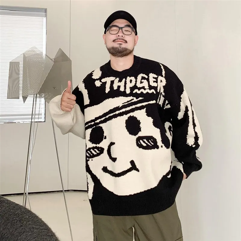 

Модный мужской зимний вязаный свитер больших размеров с мультяшной вышивкой, свободный крой, для полных, с заниженной линией плеч, повседневная одежда