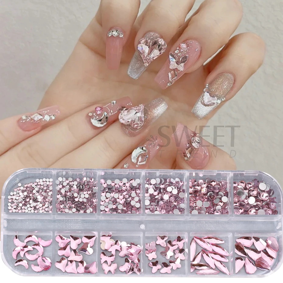 Strass champanhe para unhas, pedras misturadas com parte traseira lisa, cristal irregular, amuletos 3d, joias, acessórios de diamante brilhante, peças de decoração