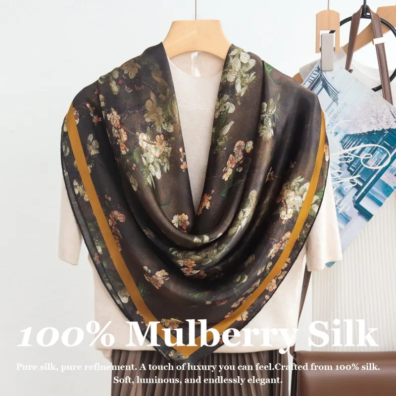 

Luxury 110x110cm Real Silk Scarf 100% Mulberry Silk Hand Rolled Edge Large Square Shawl Designer Floral Foulard Office Business