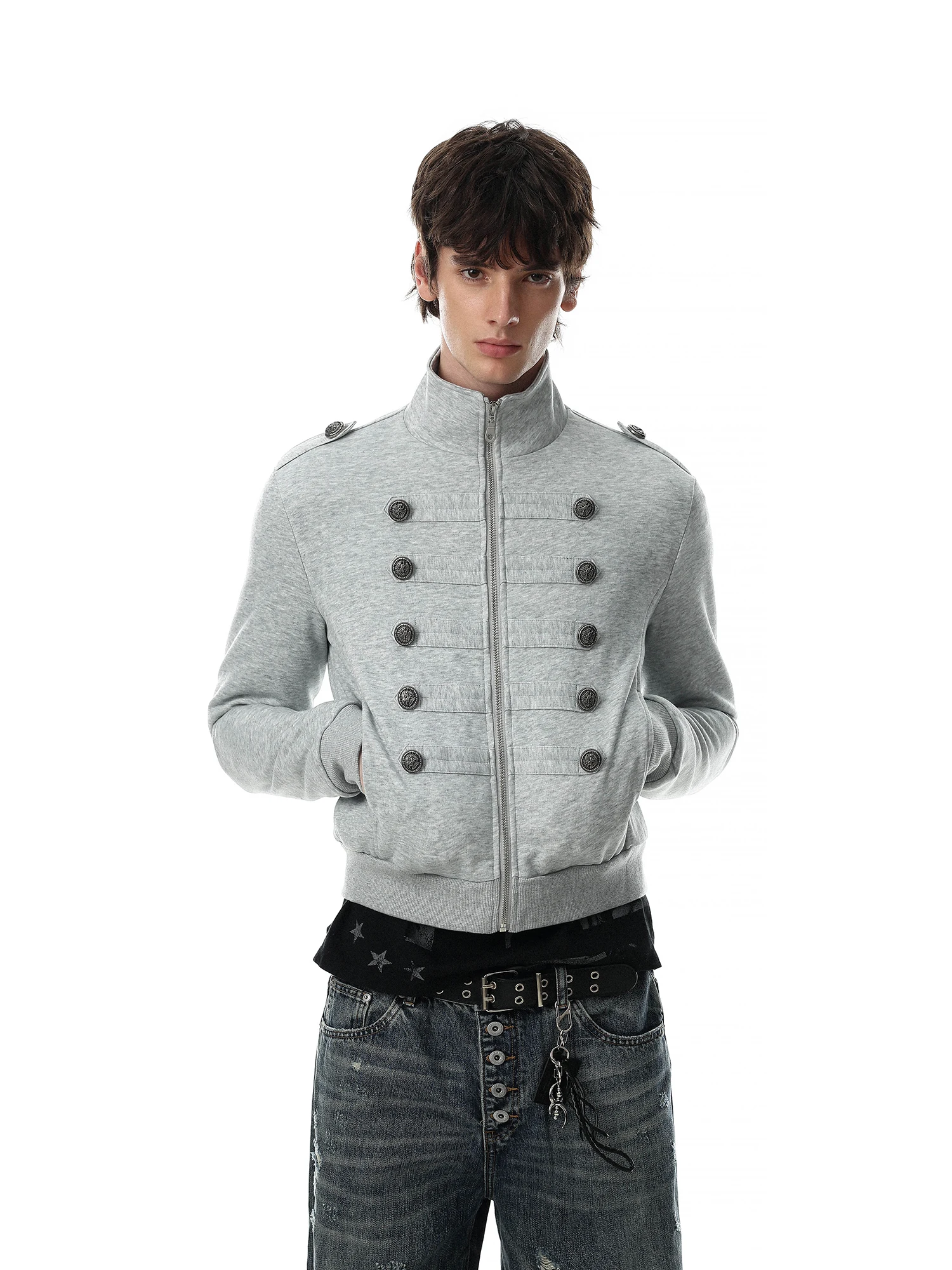 MR NEARLY American Retro Zipper Collar Sweatshirt Men's Trendy Design Short Double Buttoned Cardigan Casual Long Sleeve Jacket