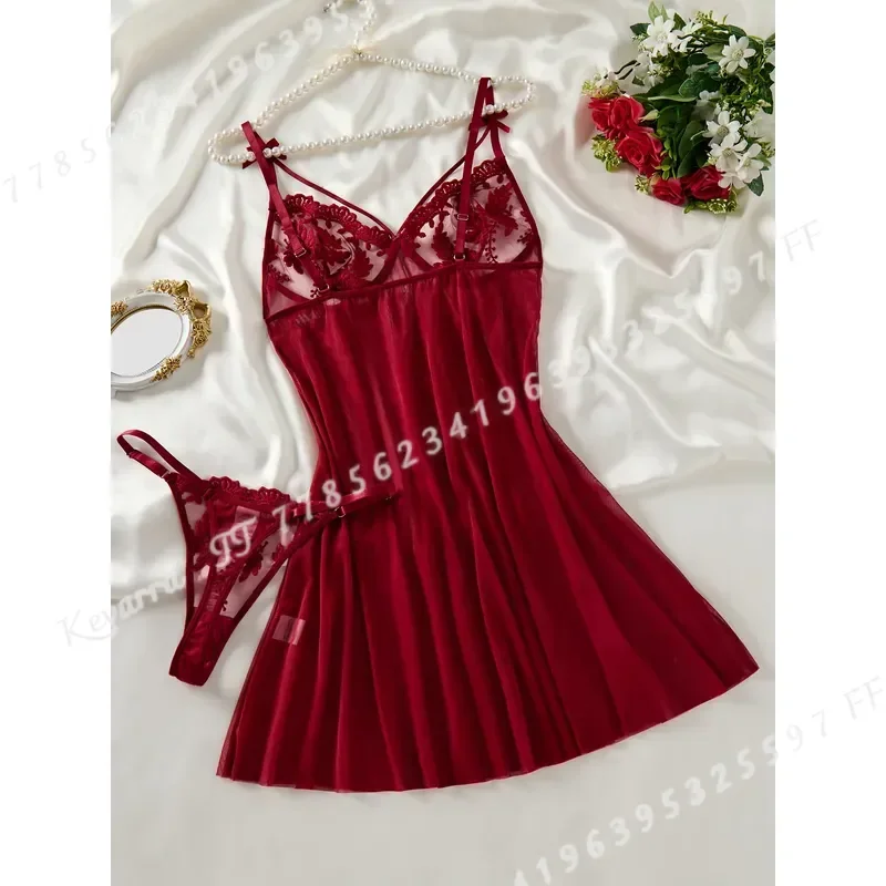 Wine Red Women's Country Style Wheat Ear Embroidery Semi Transparent Nightgown Elegant Comfortable Bow Design Sleepwear - view 3