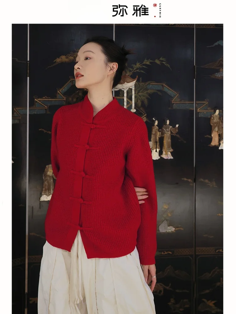 

Теплый шерстяной свитер с пуговицами и длинными рукавами в новом китайском стиле для осени и зимы от Little Deer Miya, комфортный, вязаный.