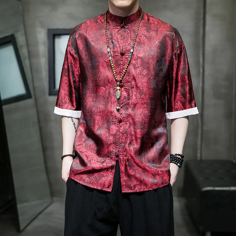 Summer Ice Silk Chinese Style Short Sleeve Shirt Men's Vintage Loose Hanfu Plus Size 5-Pocket Blouse