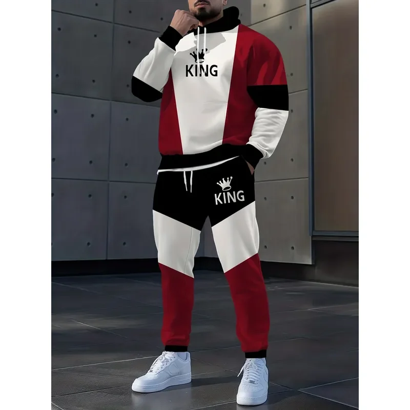 Conjunto de Sudadera con Capucha y Pantalones Deportivos para Hombre 2026, Blanco, Negro y Rojo, con Estampado Digital de Letras y Coronas, Estilo Casual, Manga Larga