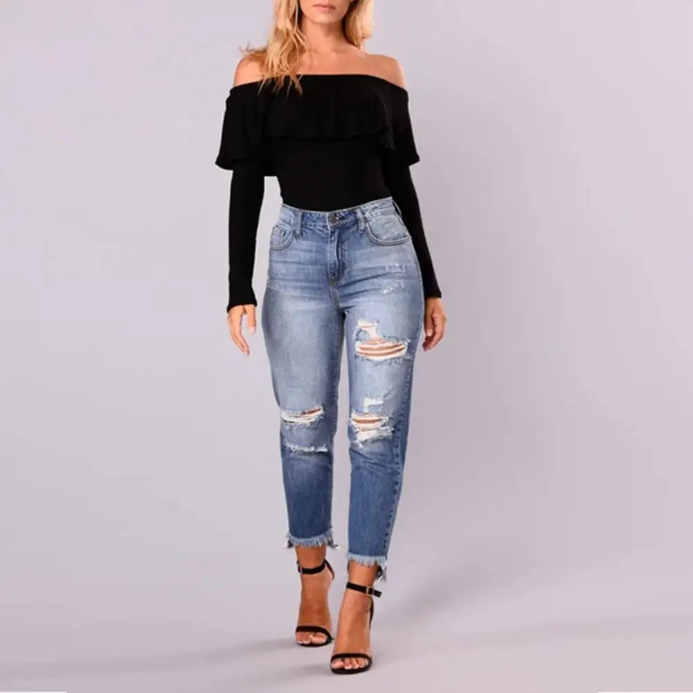 Versatile  Cool Ripped Hole Tassel High Waist Pencil Pants Skin-touching Cropped Jeans Distressed   Female Clothing