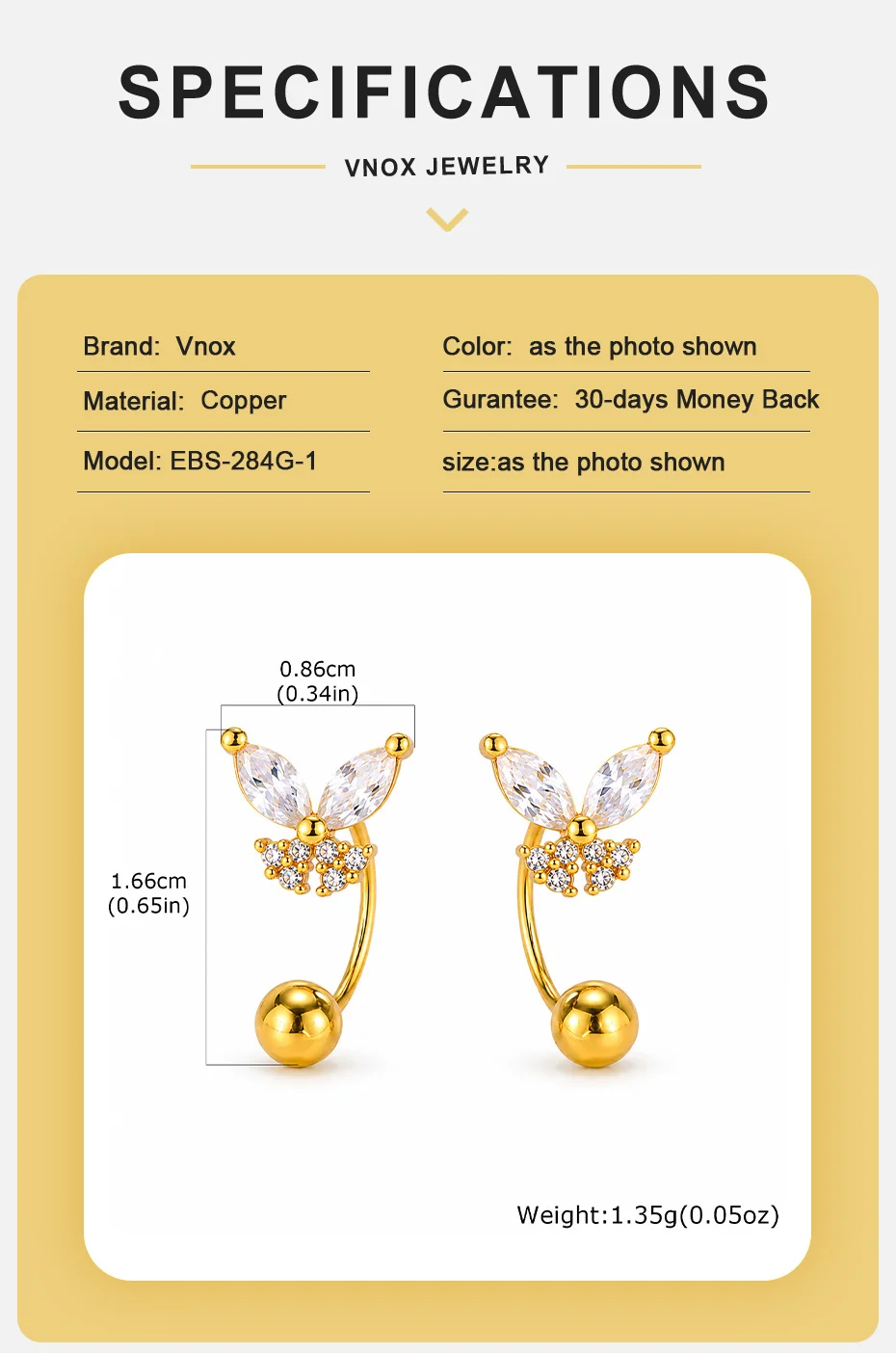 Vnox Vergoldete Elegante Schmetterlings-Stern-Zirkonia-Schraubkugel-C-förmige Ohrringe für Damen, Trendige Ohrringe, Alltagsschmuck, Party-Schmuck, Geschenk – Detail 5