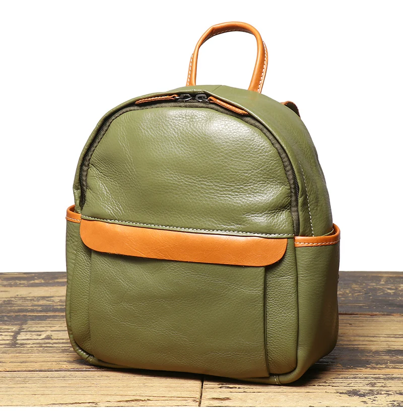 

Head Layer Cowhide Men Green Backpack Teenagers Vintage Schoolbag Women Small Storage Backapack Gift Giving