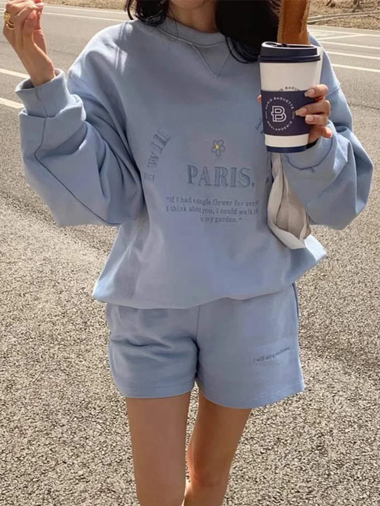 Ele automne longue Sve lettre brodée impression sweat taille haute jambe large pantalons décontractés ensemble orts pour les jeunes femmes