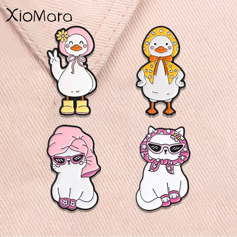 Cartoon Headscarf Duck Peace Gesture Enamel Pins Cute Spa Vacation Cat Sunglasses Slipper Animal Brooches Badge Jewelry Gifts