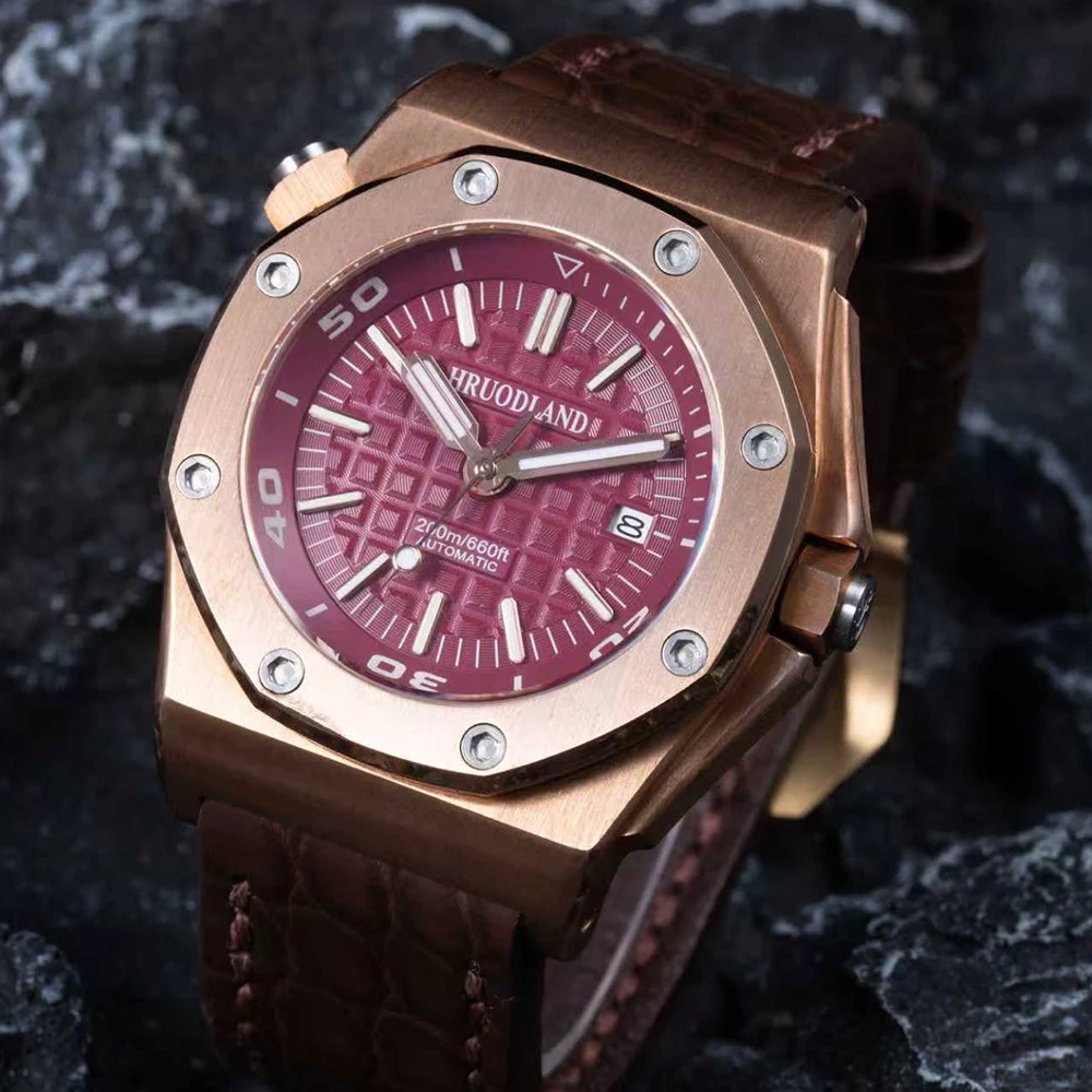 2026 Hruodland Classic Retro Miyota 9015 Bronze Automatic Mechanical Men\'s Watch Sapphire Rubber waterproof Diving reloj hombre