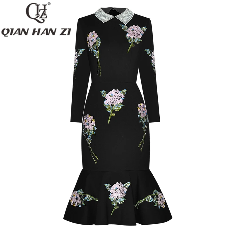 

QHZ Designer Fashion Runway black dress Women beaded lapel Long sleeved Diamond embroidery Vintage party Mermaid Dress