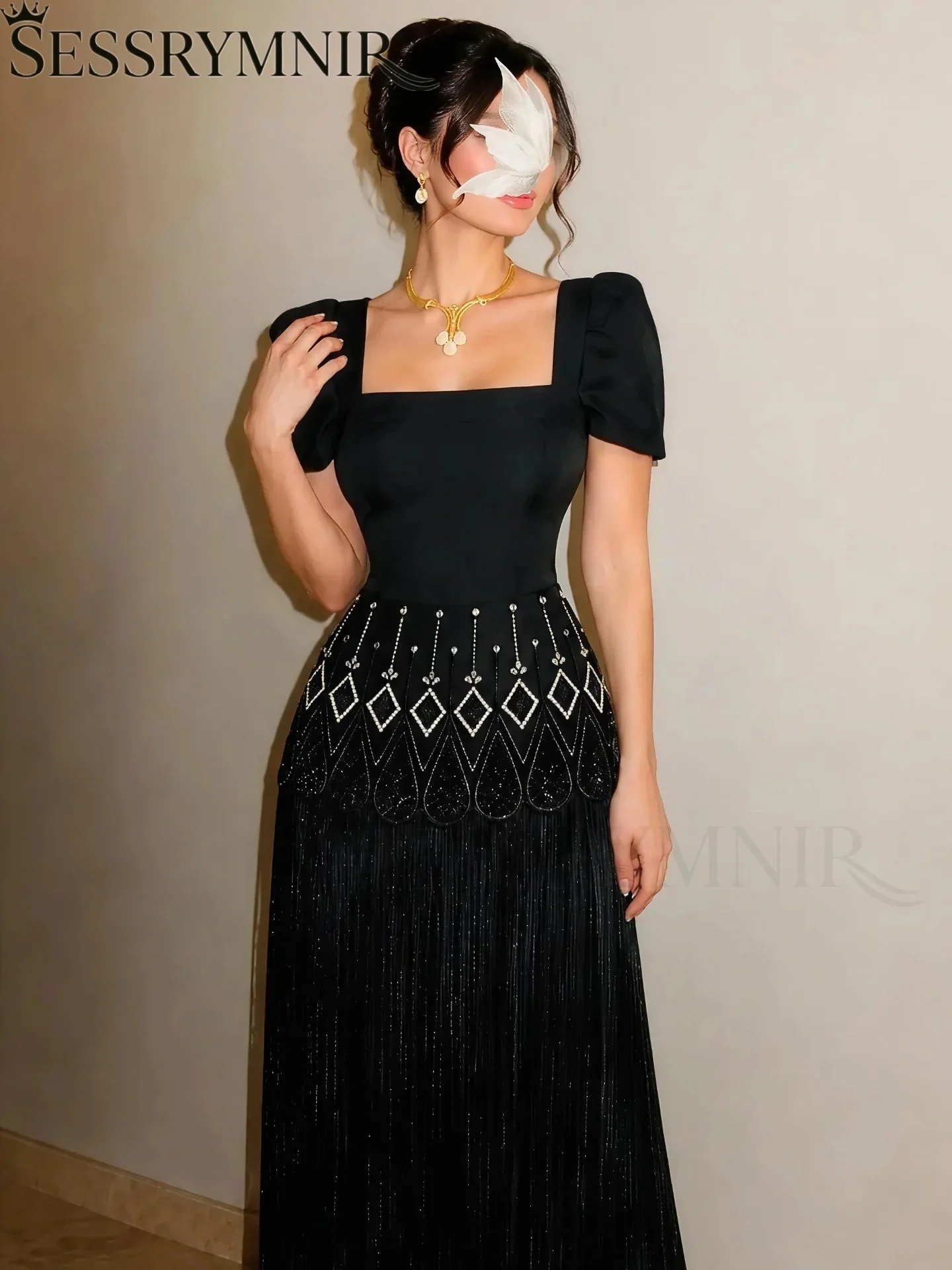 SESSRYMNIR Women'S Formal Evening Gowns A-Line Black Square Neck Women'S Wedding Party Attire Short Sleeves Luxury Party Dress