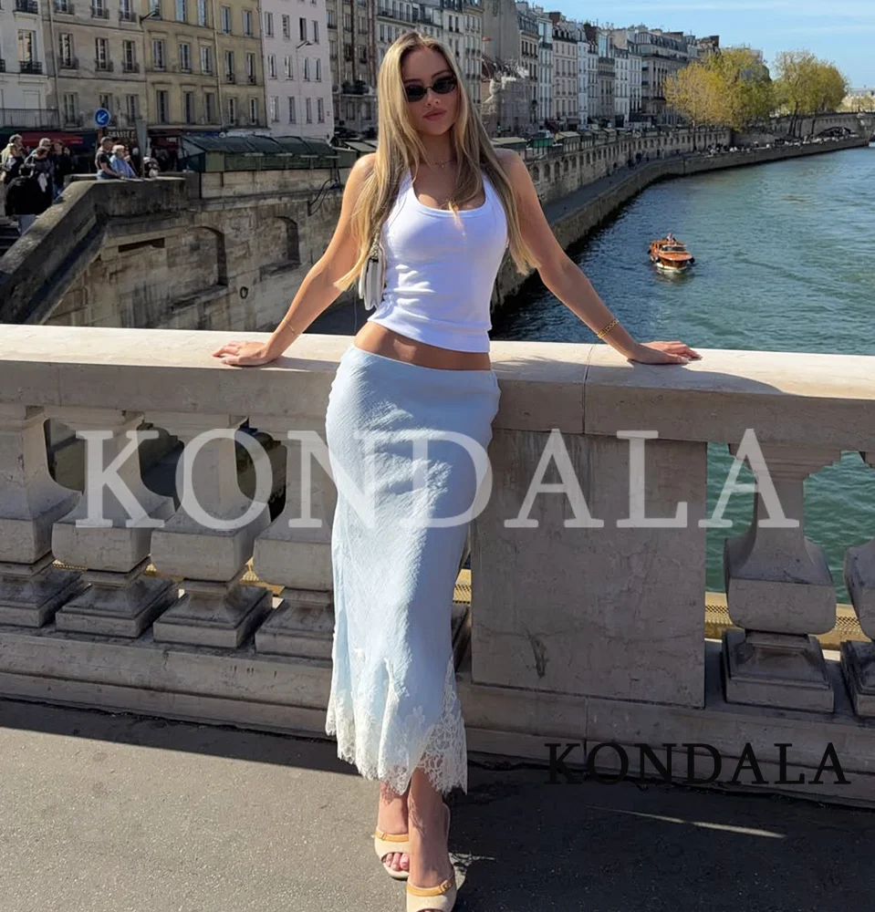 KONDALA Women Elegant Lace Hem Midi Skirt Summer Fashion Holiday Vibrant Sky Blue Skirt New 2026 Trendy Casual Beach Lady Skirt