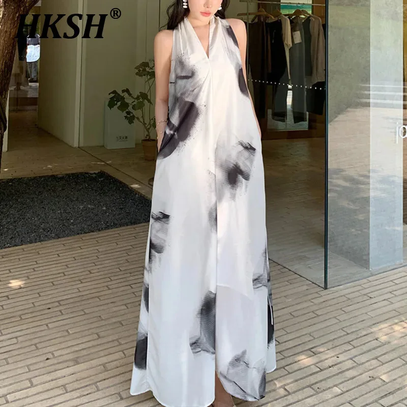 HKSH 夏の新しい女性の休暇スタイルハイストリートカジュアルエレガントな気質トレンディなホルターネックタイダイストラップロングドレス HK6361