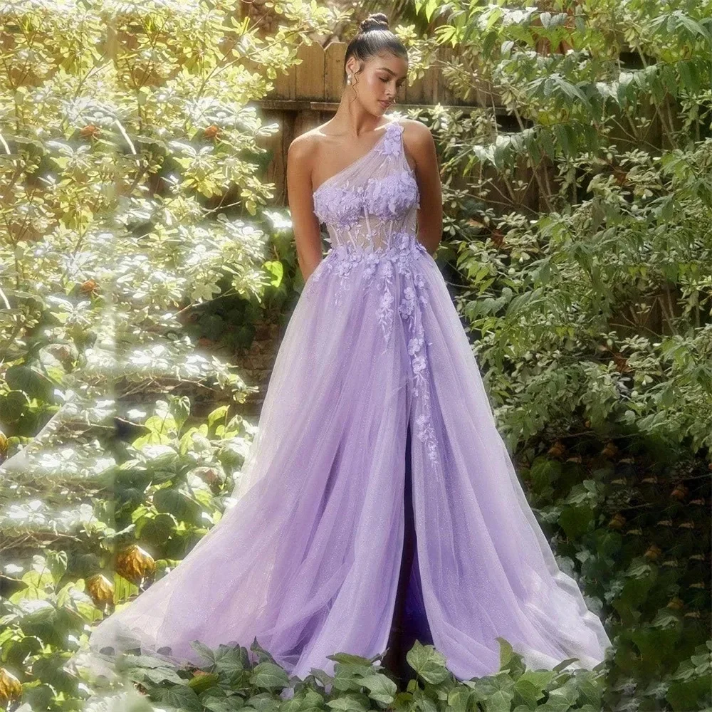 2024 abito da ballo viola chiaro abito da sposa senza maniche con una spalla a-line abito da sera con applicazioni in pizzo di Tulle abito da festa di nozze