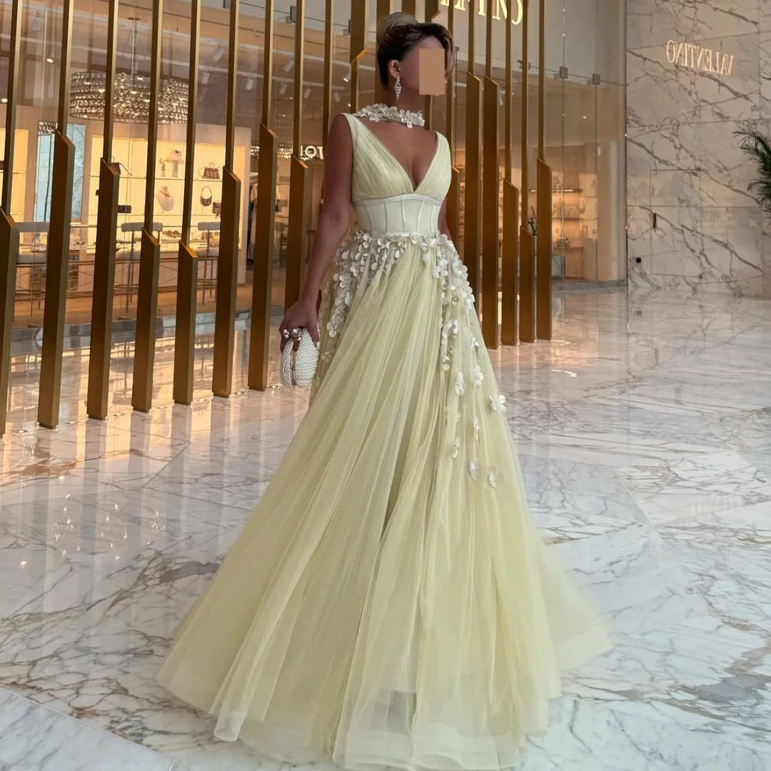 

V Neck Tulle Evening Dresses Floral Appliques vestidos de noche Wrap Prom Dress Exquisite Wedding Party Gown Customized
