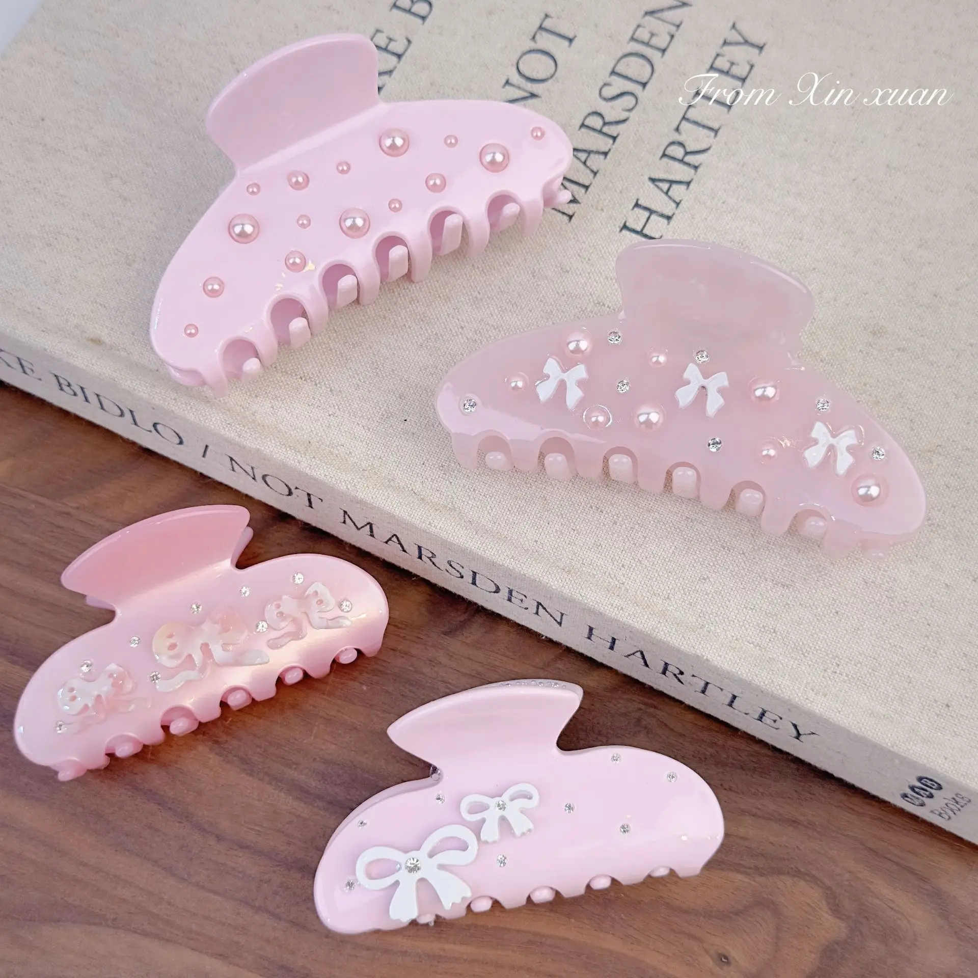 

3D Rhinestone Bow Acetate Hair Jaw Ballet for Half Up Bunny Pink Non Slip Soft Strong Hold Women Daily