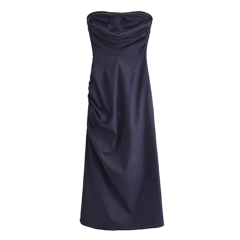 YENKYE Sexy Women Ruched Strapless Midi Dress Fashion Side Slit Holiday Party Vestidos Female Summer Dresses Navy Blue Pink