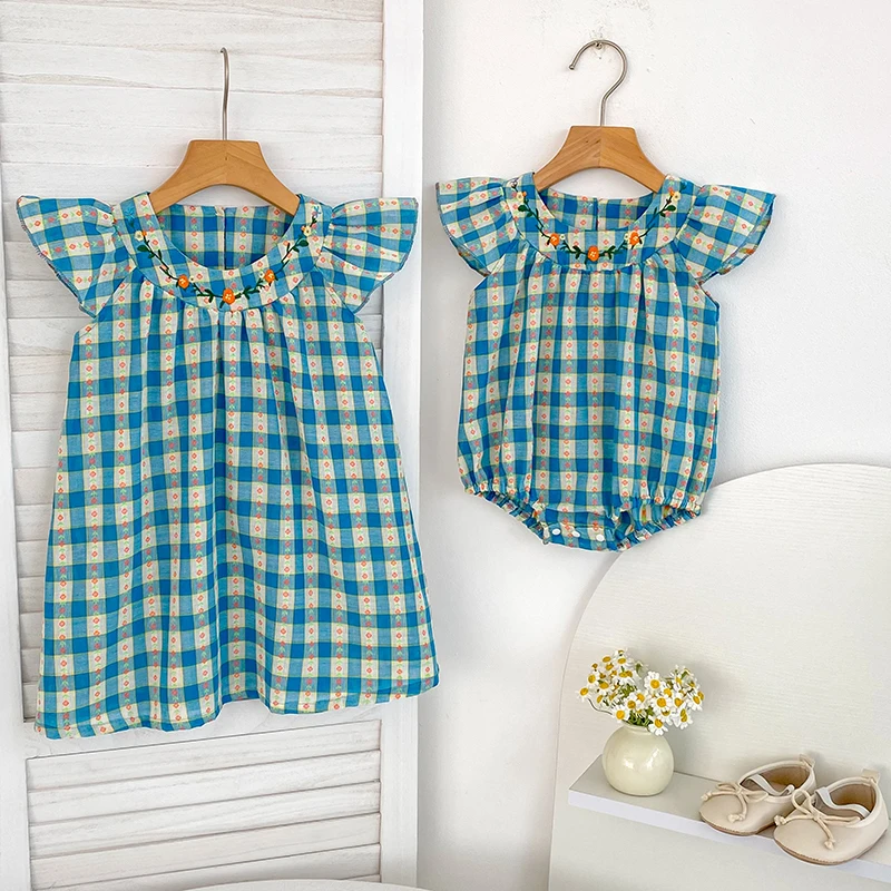 ملابس صيفية للأطفال البنات رومبير مطرز لحديثي الولادة شبكة زرقاء من القطن بأكمام طائرة ملابس أطفال من عمر 0 إلى 24 شهرًا ملابس بناتي #6