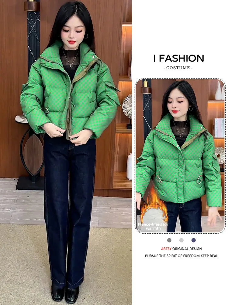 

High-End Women's Fce-Lined Thiened down Cotton Jaet Outerwear Winter New Design Plaid Warm Coat Casual Commute Sle