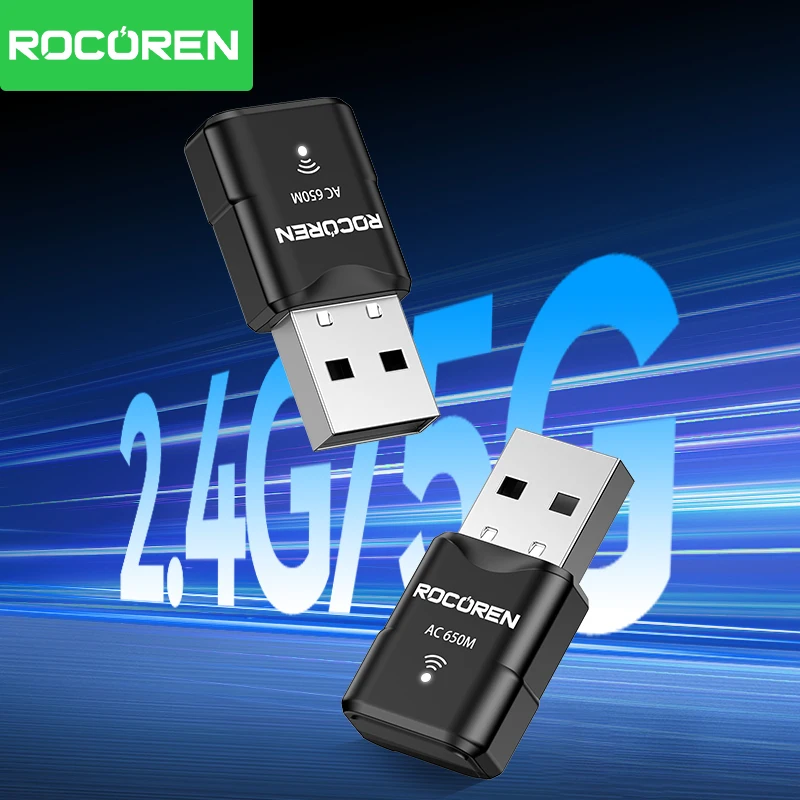 Rocoren 650Mbps Portable USB Wifi Adapter Wireless Ethernet Network Card Dual Band 2.4G/5G Dongle Wireless Wi-Fi Receiver For PC