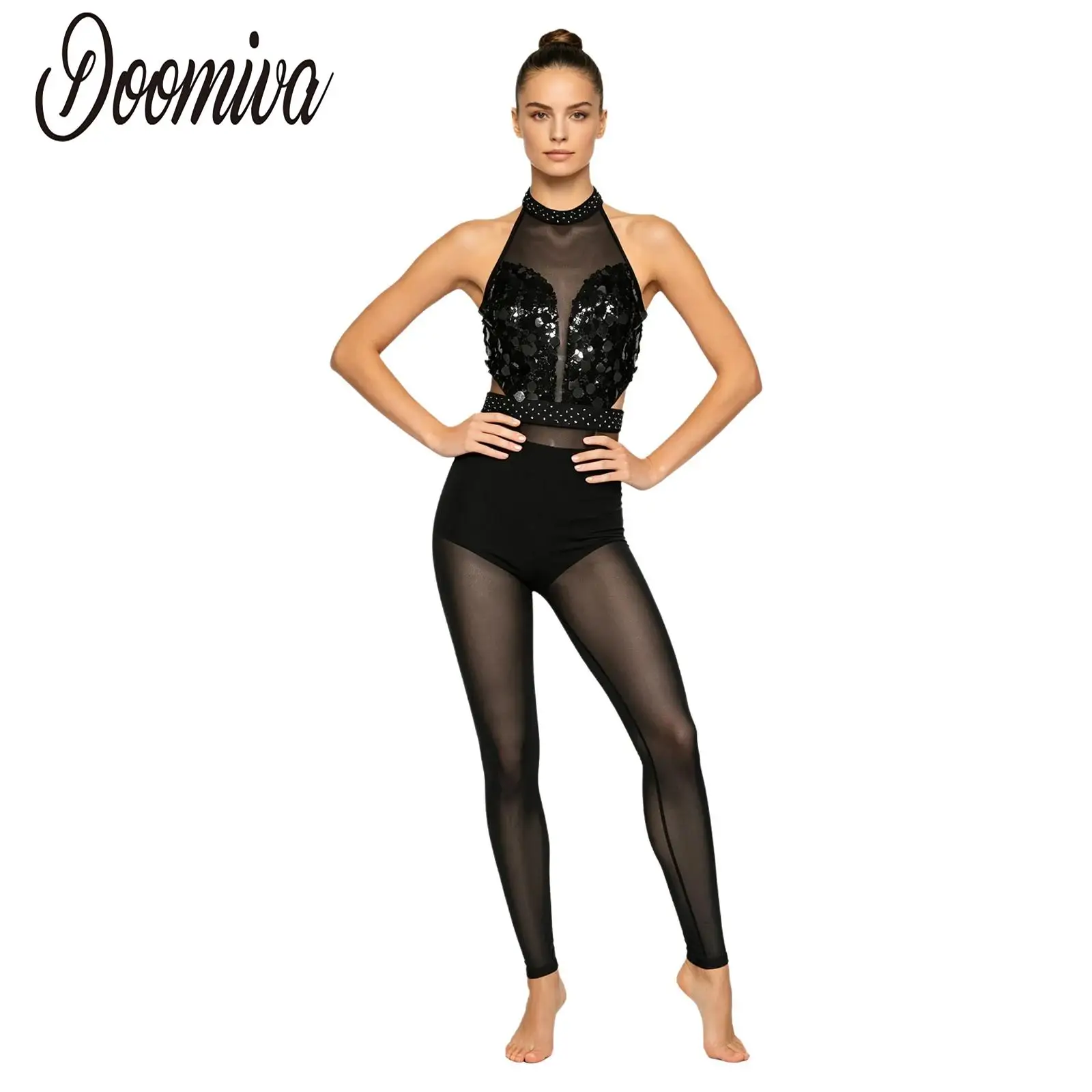 Damen Kunstturnen Eiskunstlauf Jumpsuits mit Neckholder, rückenfreiem Pailletten-Oberteil, transparenten Mesh-Ausschnitten und Leggings – Performance-Kostüm