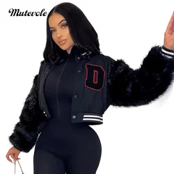 Mutevole Baseball Jacket Women Faux Fur Fluffy Long Sleeve Coat Letter Print Button Patchwork Furry Crop Top Fall Bomber Jacket