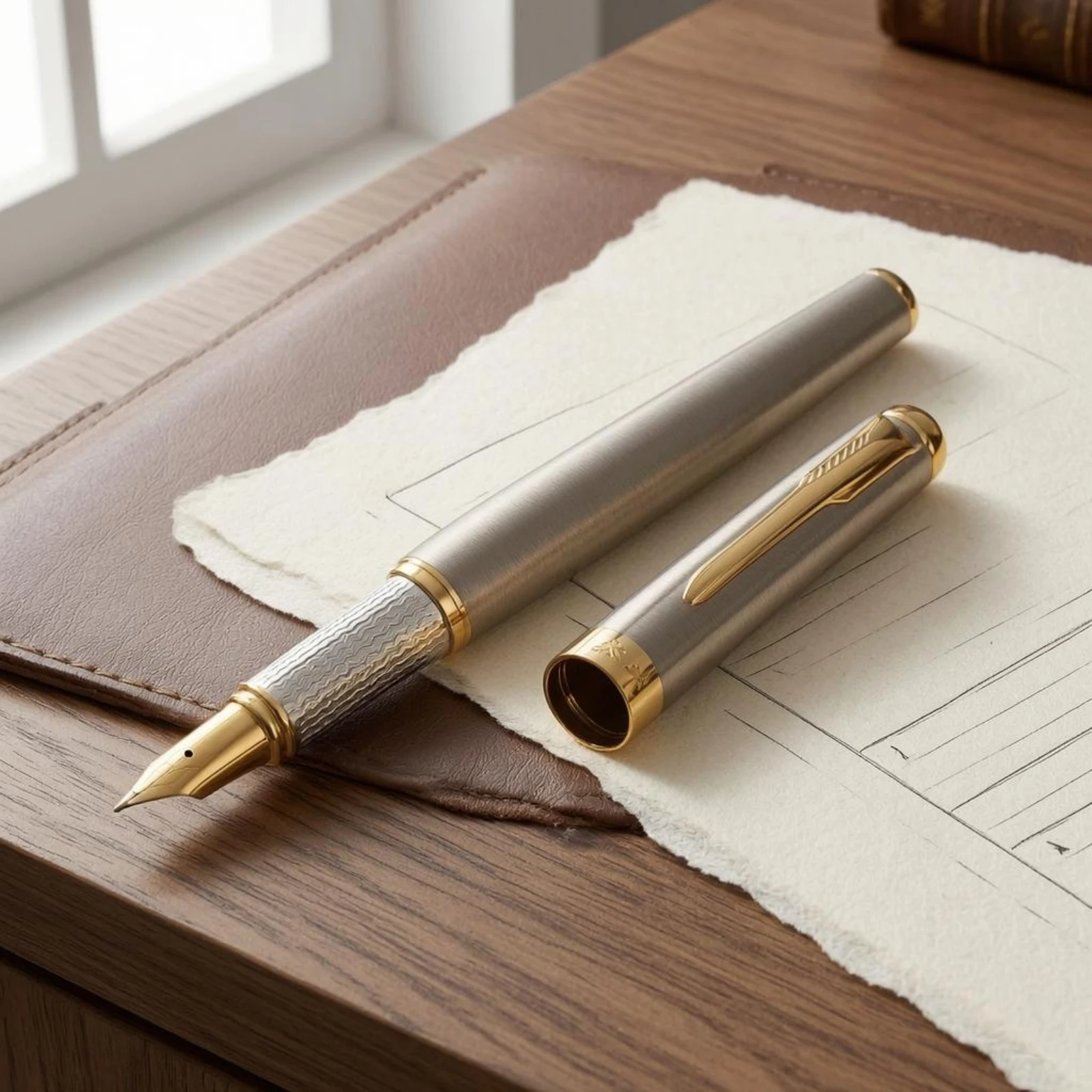Steel Fountain Pen Two-Tone Silver and Gold Fountain Pen Writing Instrument with Pocket Clip Classic for Men, Office, Signature