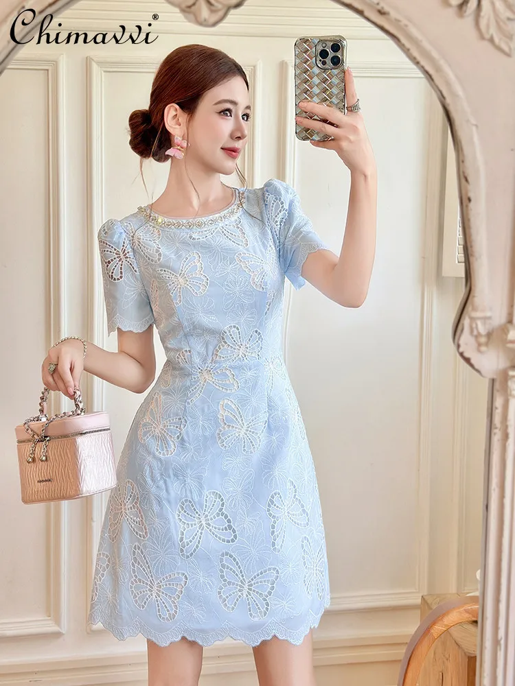 

French Style Elegant Fashion Blue Lace Dress for Women Beaded Diamond Round Neck Short Sleeves Slim Fit Short Summer Dress 2026
