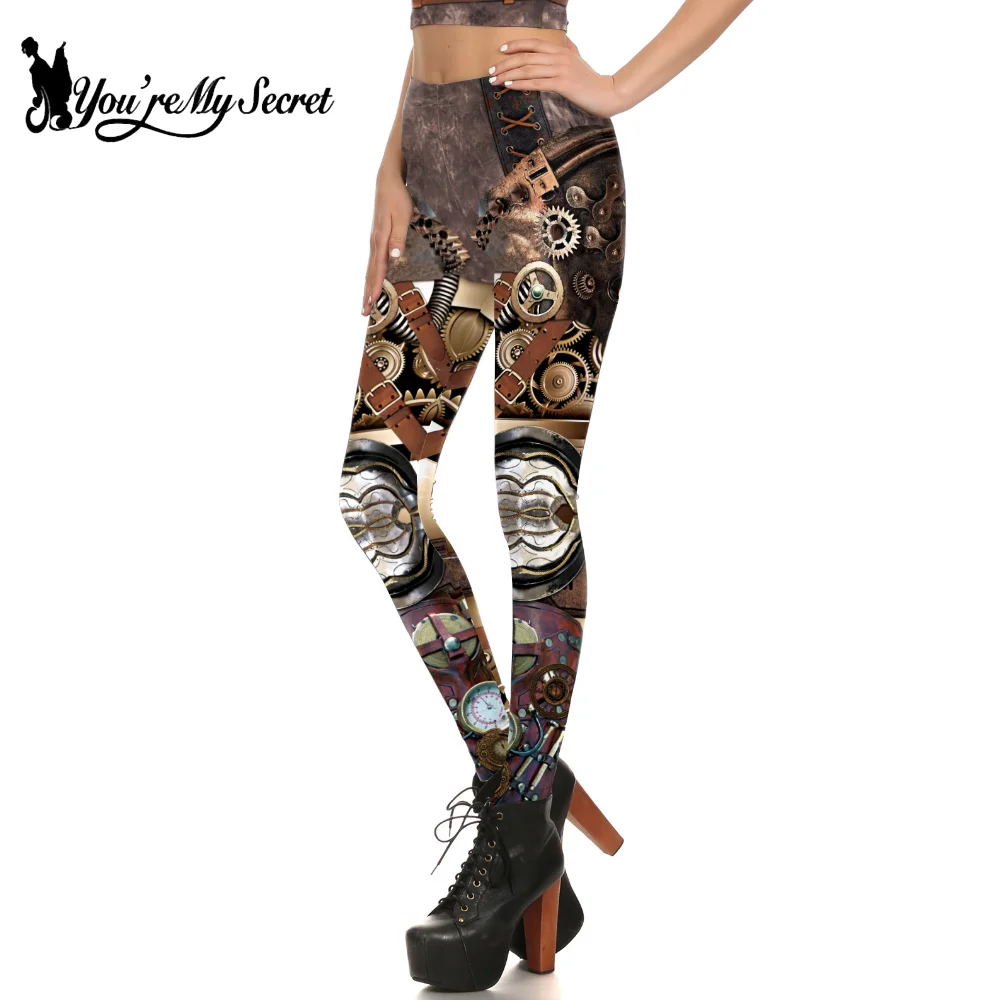 [You're My Secret] Vintage Mechanical Gear Print Leggings Mid Waist Women's Trousers Soft Stretchy Pants Outdoor Sports Bottoms