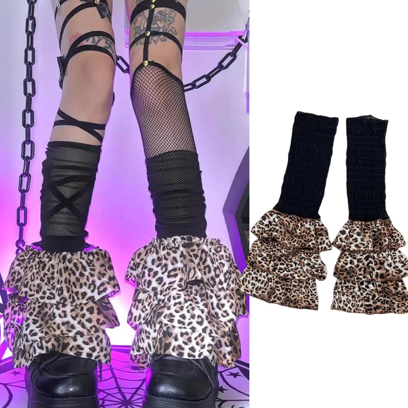 

Y2K Harajuku винтажные длинные носки с леопардовым принтом, черные сетчатые многоярусные носки до середины икры, гетры, зимние теплые бахилы