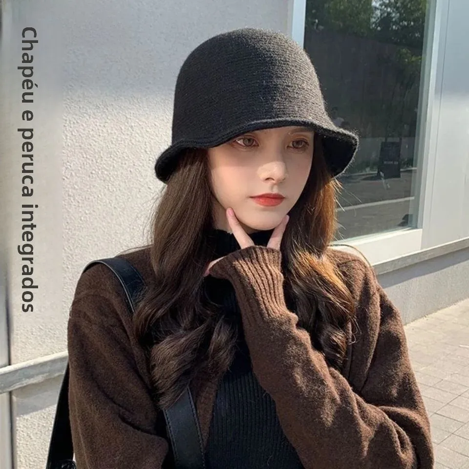 chemotherapy-post-procedure-women's-long-curl-fisherman-hat-fake-hair-one-piece-design-no-eyebrow-cap-for-hair-loss
