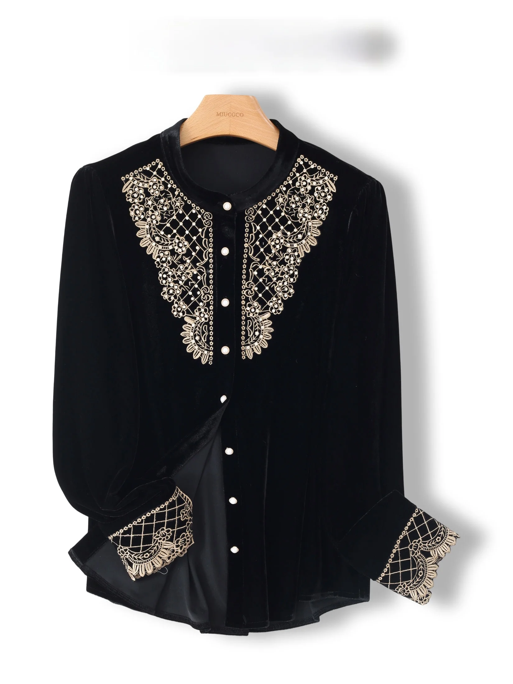 

Новая женская рубашка в китайском стиле: свободная, вышитая, из шелкового бархата, с кружевной отделкой, в стиле ретро, модная, с длинным рукавом и воротником-стойкой