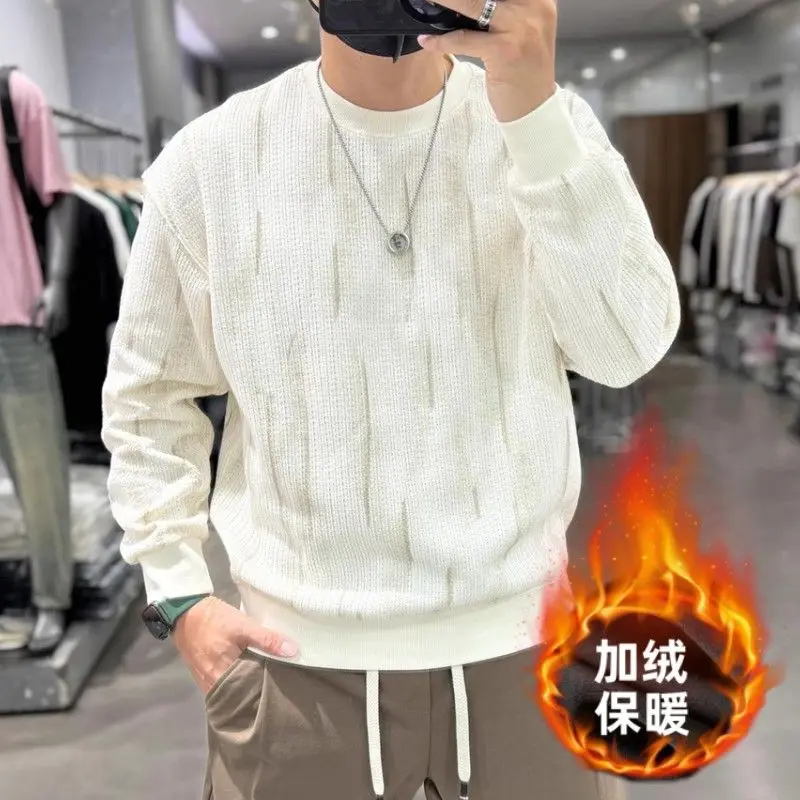 

Men Trend Print Fleece Thick Warm Sweatshirt Simple Casual Streetwear Y2K Hoodie Male Round Neck Long Sleeve Loose Pullover Tops