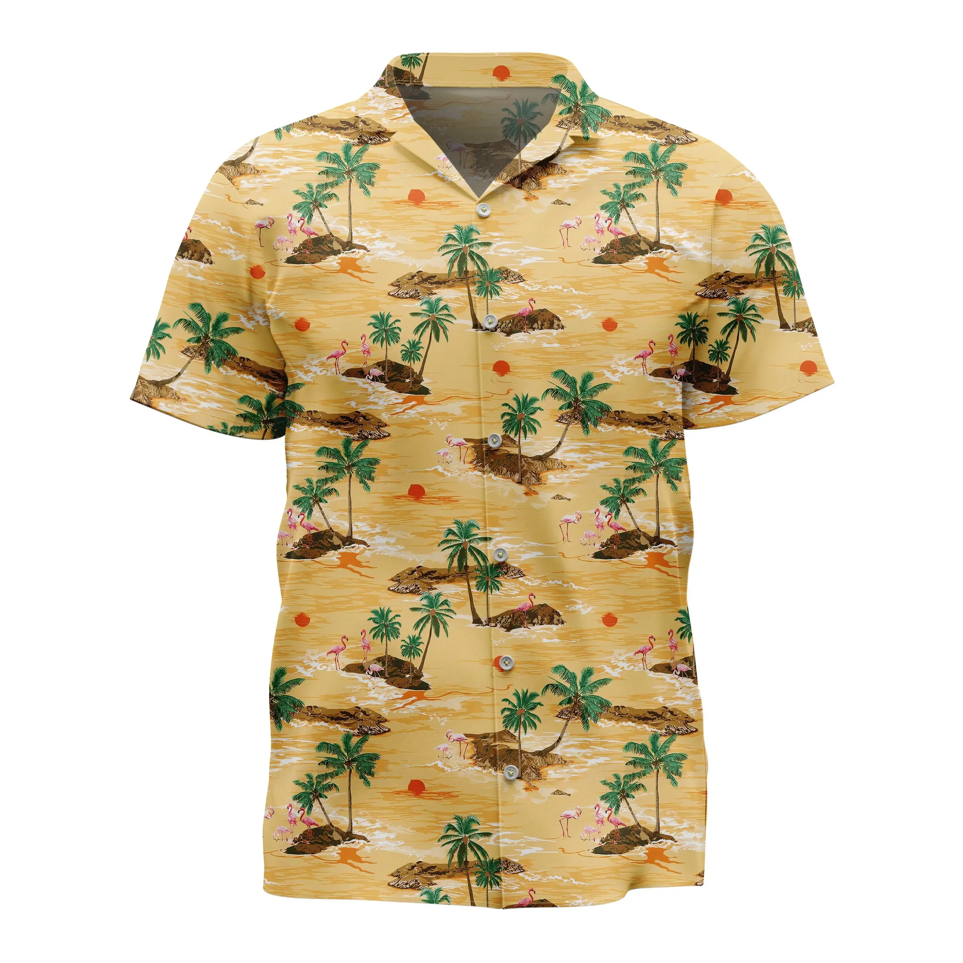 Jumeast Flamingo Pattern Hawaiian Shirt Beach Scenery Graphics Polyester Aloha Shirts Tropical Baggy Casual Yellow Man Clothing