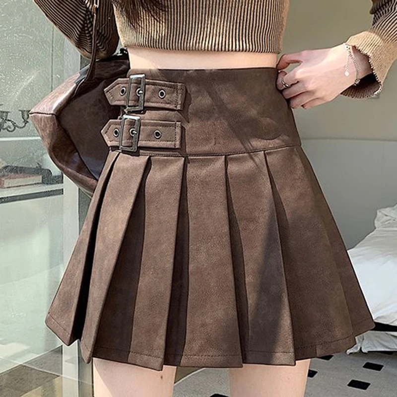 High waisted spicy girl style midi skirt for women in autumn,  pleated skirt  leather  Regulai Fit  korean fashion clothing