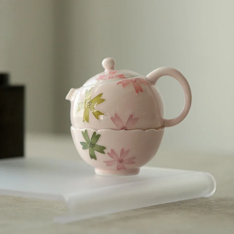 Hand Painted Underglaze Pink Sakura Xishi Teapot Luxury Ceramic Tea Set for Home Use