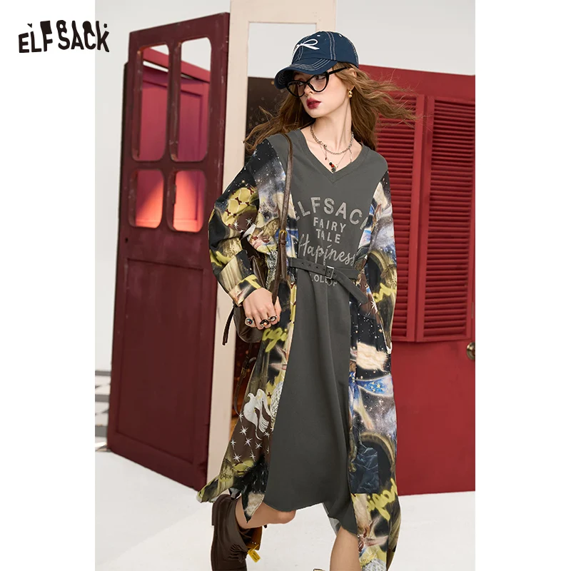 

ELFSACK 2024 Autumn New Arrive Grey letter print stitching V-neck waist design slim long sleeve dress for women