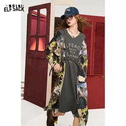 ELFSACK 2024 Autumn New Arrive Grey letter print stitching V-neck waist design slim long sleeve dress for women