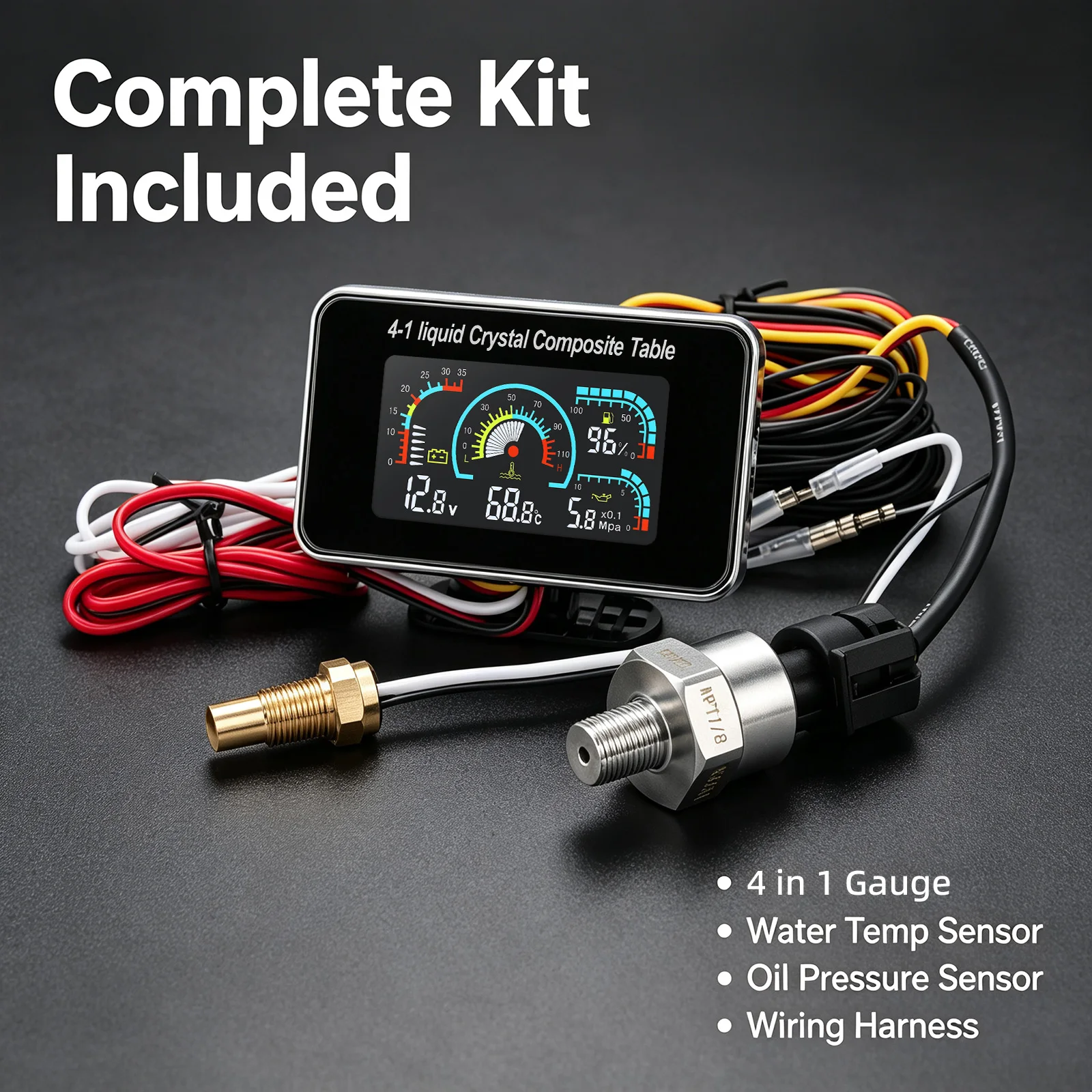4-1 Liquid Crystal Car Dash Gauge 12V No Drilling Installation Water Temp Oil Pressure Voltmeter Fuel Meter with Sound Alarm