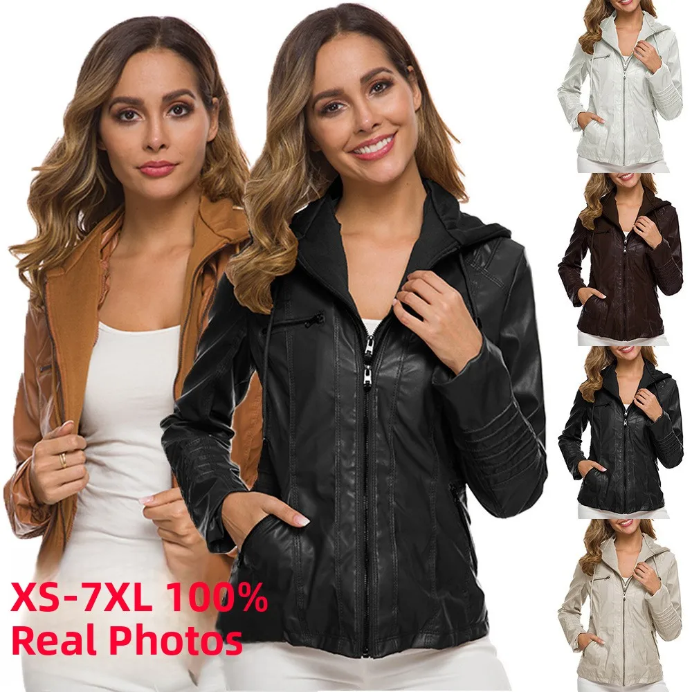 Fashionable Zipper Pure Color Short Jacket for Women Large Size Leather Coat Stylish Stand Collar  Color Outerwear