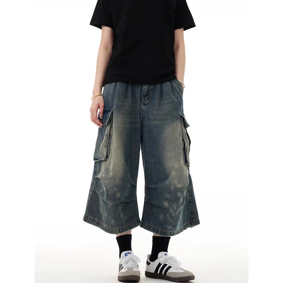 الرجعية الأمريكية Waed الدنيم orts الرجال فضفاضة تناسب سبعة أرباع طول ملابس العمل Sle عادية القطن البوليستر مزيج الجينز #4