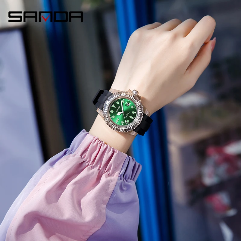 SANDA New Quartz Watch Casual Fashion Womens Watches Simple Calendar Display 30M Waterproof Silicone Strap Luminous Clock 9007