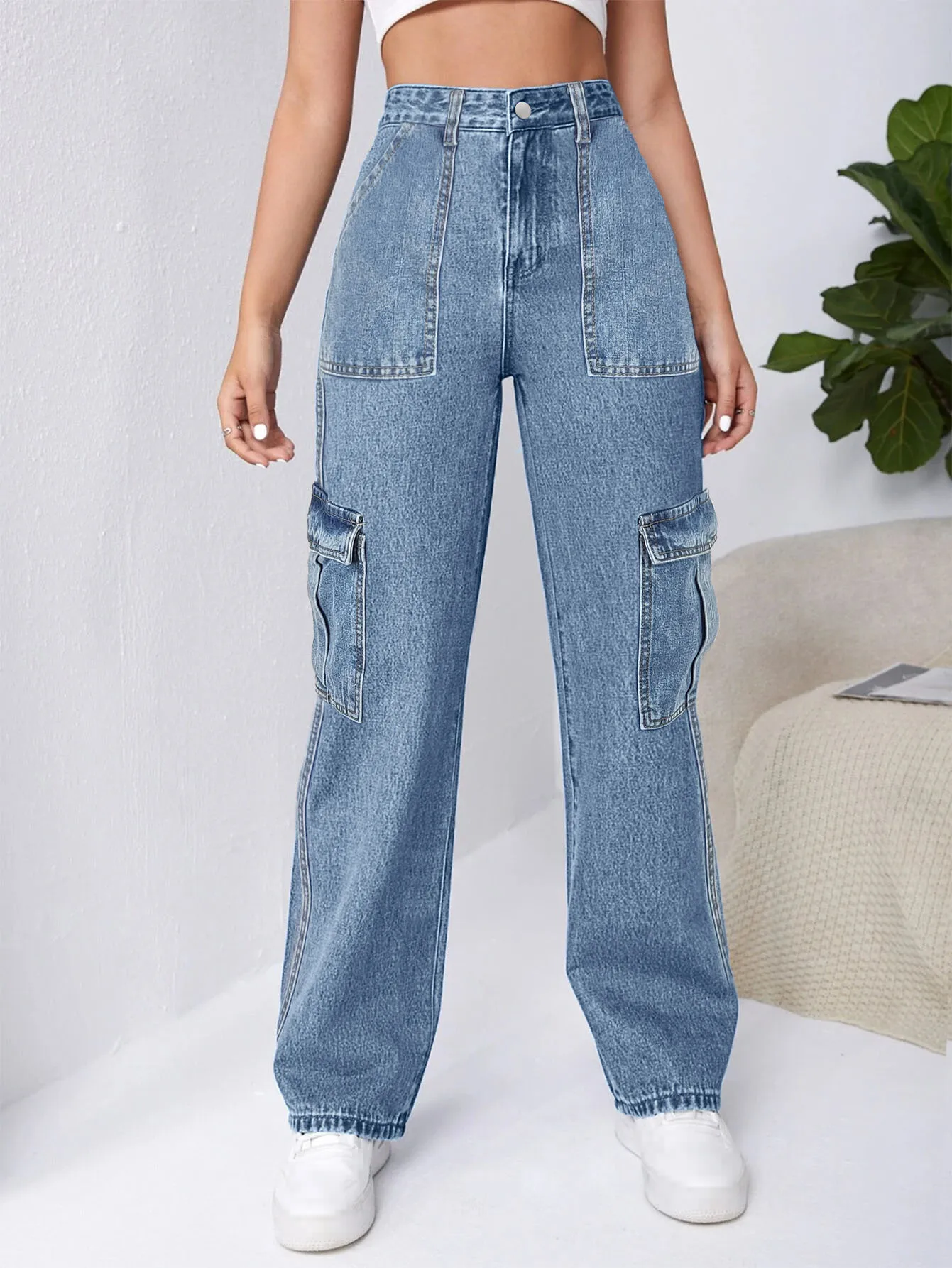 

Women's Jeans New Fashion Personalized Workwear Pants Denim Straight Leg Trousers Pockets Fashion Vintage Jeans Female