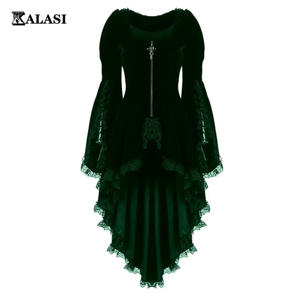 Women Gothic Long Sleeve Cross Irregular Velvet Tuxedo Dresses Lace Hem Medieval Ladies Witch Dress Lolita Cosplay Costume
